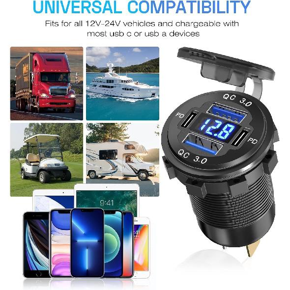 2Pcs 12V/24V Outlet With Voltmeter, Quick Charge 3.0 Dual USB Power Outlet, Waterproof Fast Charge USB Charger Socket DIY Kit For Car Boat Marine (2