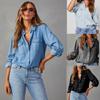 Damen Jeanshemden Einfarbig Umlegekragen Langarm Jeansblusen Einreihig Locker Lässig Oberteile Streetwear
