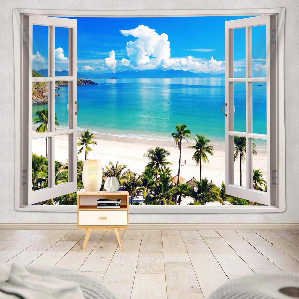 VIKAMA Fake Window Tropical Beach Tapestry Coconut Tree  Ocean View Wall Hanging for Living Room Bedroom  Homestay Decor