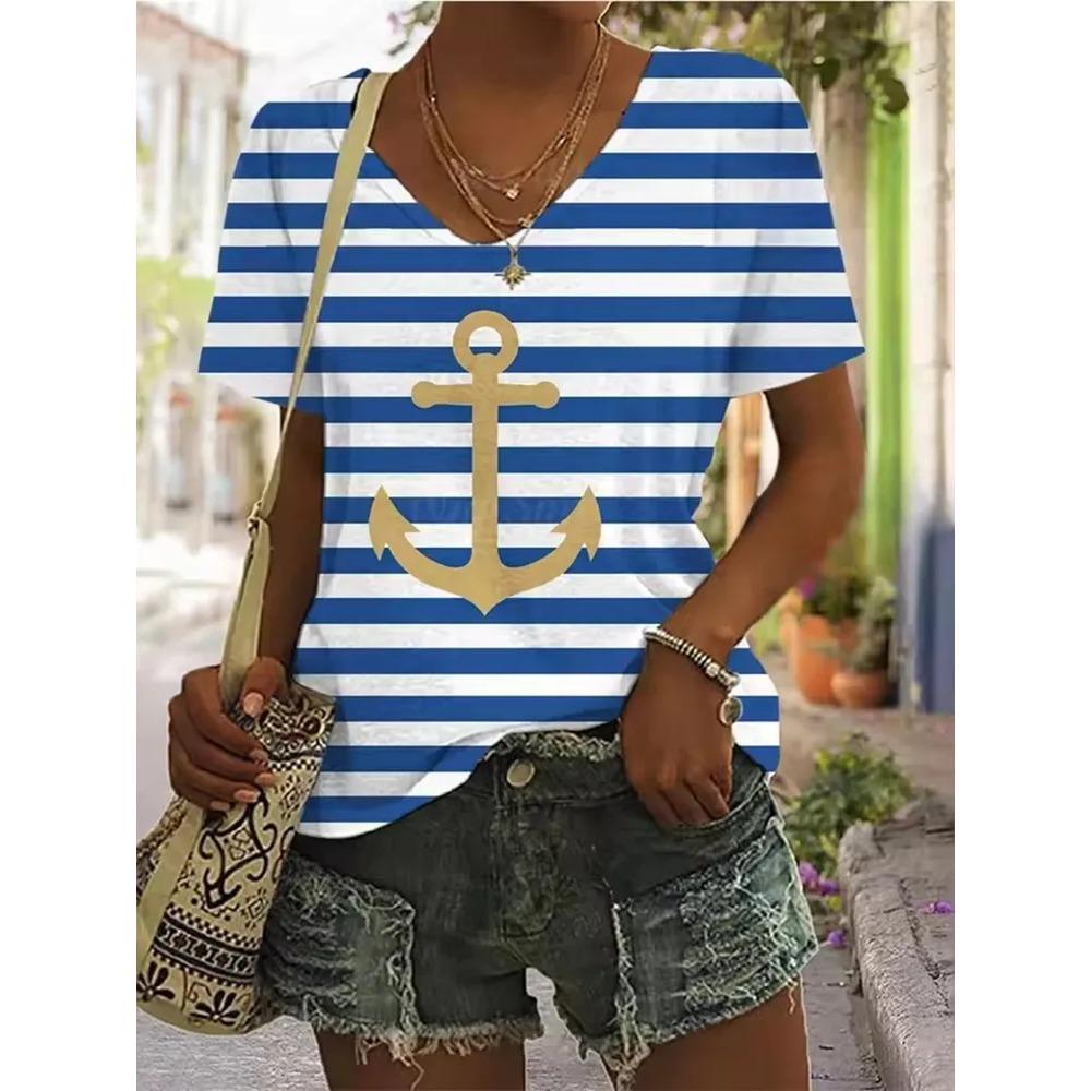 Stripe Printed T-shirt Fashionable Loose Short Sleeved Round Neck Versatile Comfortable Women's V-neck T-shirt