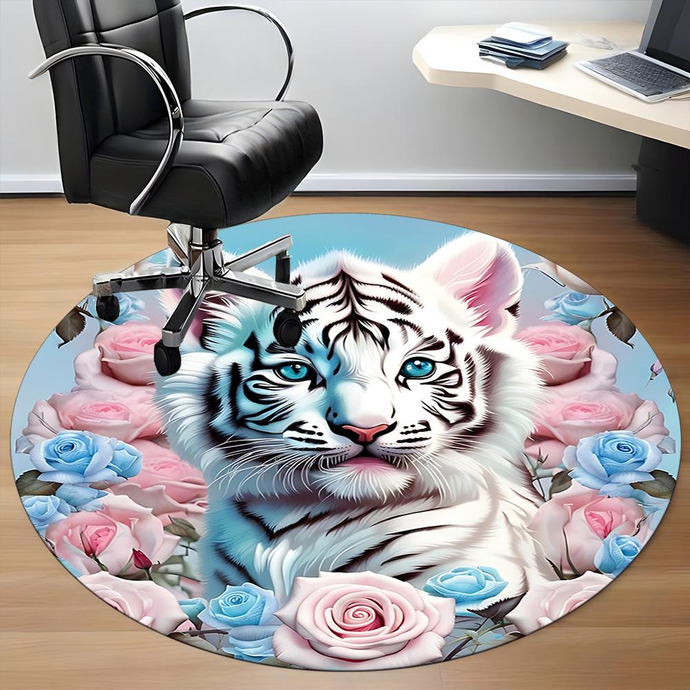 1pc White Tiger Roses Chair Carpet for Office, Non slip, Soft and Durable Office Rug for Interior Decoration