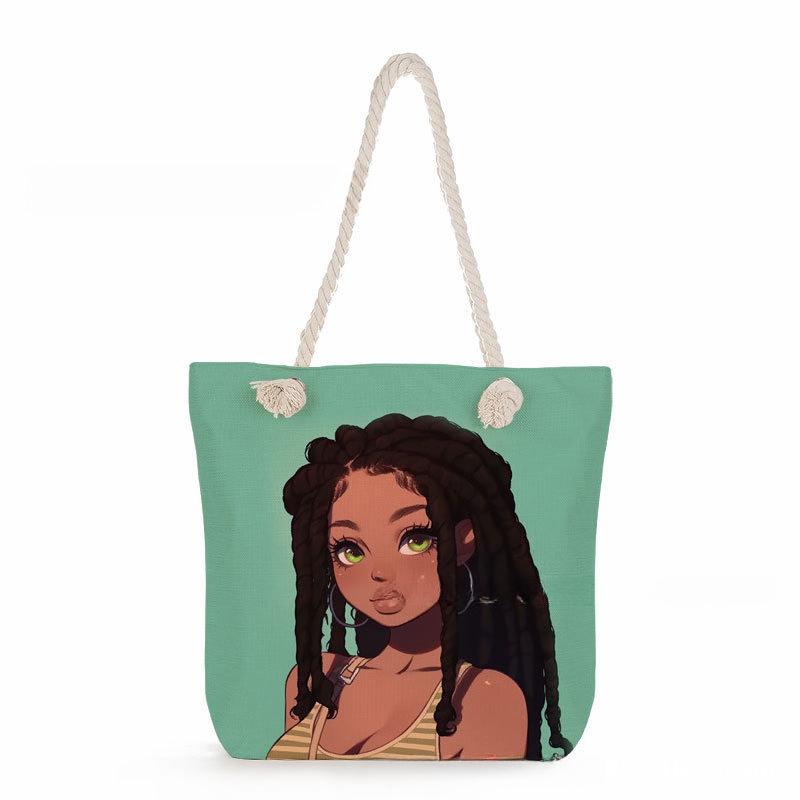 Black girl print thick rope single-shoulder beach bag 7358 KTB