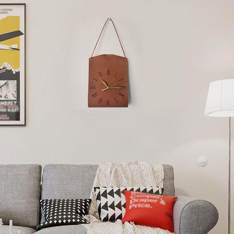 Retro Pu Leather Wall Clock Silent Non-ticking Decorative Ornament For Coffee Shop Study Living Room Home Office