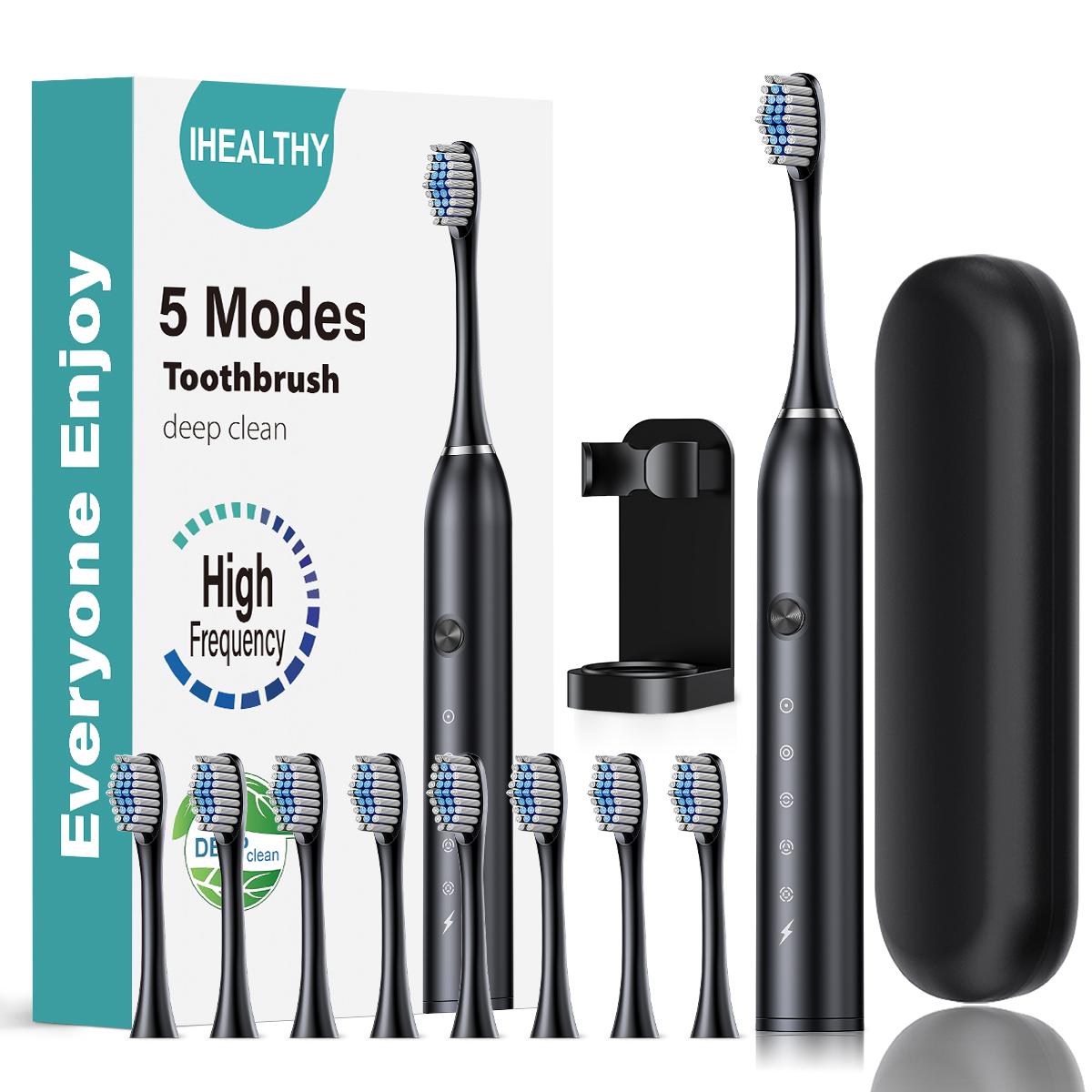 

Новая улучшенная электрическая зубная щетка роторная перезаряжаемая электрическая зубная щетка для взрослых вращающиеся электрические зубные щетки с 8 мягкими насадками 8 Heads Box чёрный