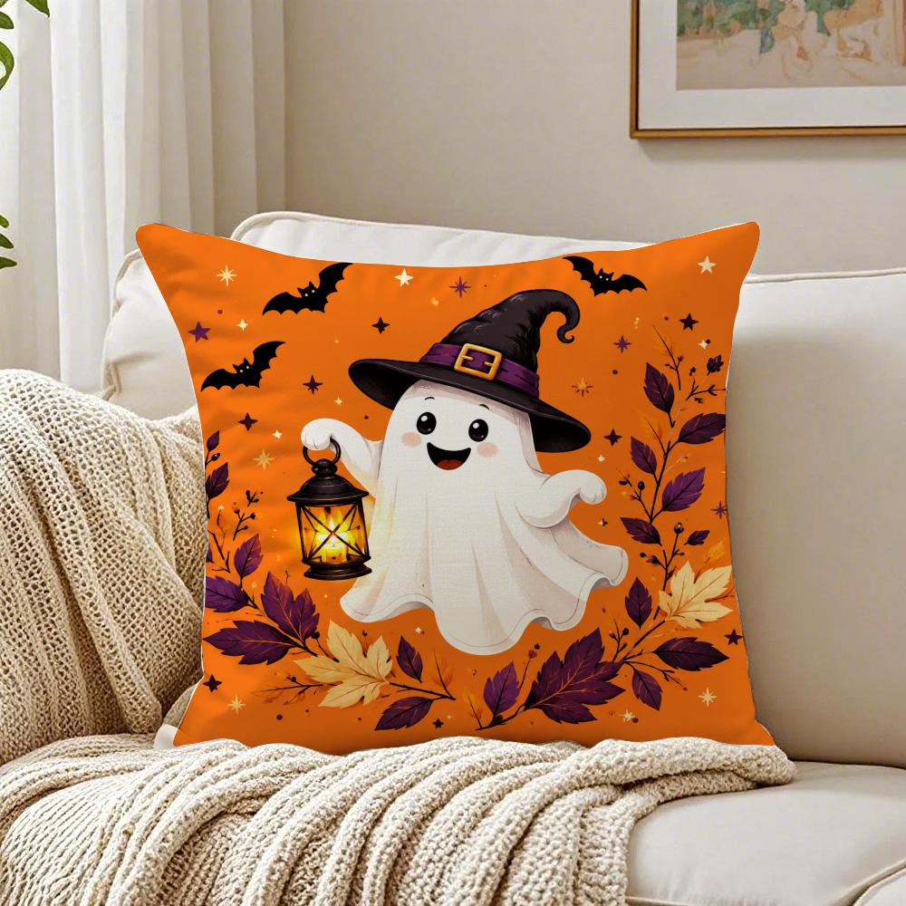 Halloween Cute Ghost Black Cat Cushion Cover Organic Short Plush Cushion Covers Machine Washable Wrinkle-Resistant Soft Durable