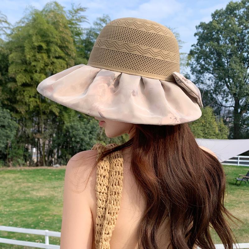 Spring and Summer Grid-like Breathable and Not Stuffy Hat Women's Large Brim Sunshade Sunscreen Hat Fashion Bow Sun Hat