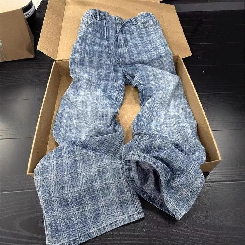 

Ladies Washed Plaid Blue Jeans American Retro Loose Women s Wide Leg Pants Autumn Versatile Female High Waisted Pant S синий