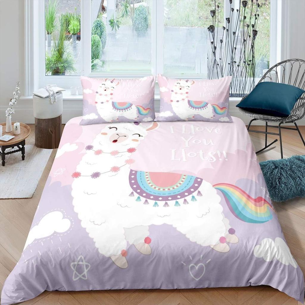 Alpacka Påslakan Queen King Size Tecknad Alpacka Sängkläder Set Lämpligt för Barn Tonårsflickor Sött Djurtryck Täckeöverdrag 3 Delar