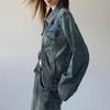 DUSKLIT1A Women's Vintage Style Distressed Denim Jacket with Shoulder Pads
