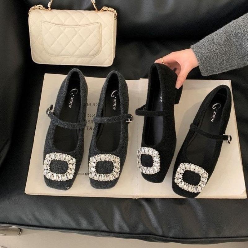 Woolen rhinestone thick heel single shoes women's new spring skirt gray Mary Jane shoes