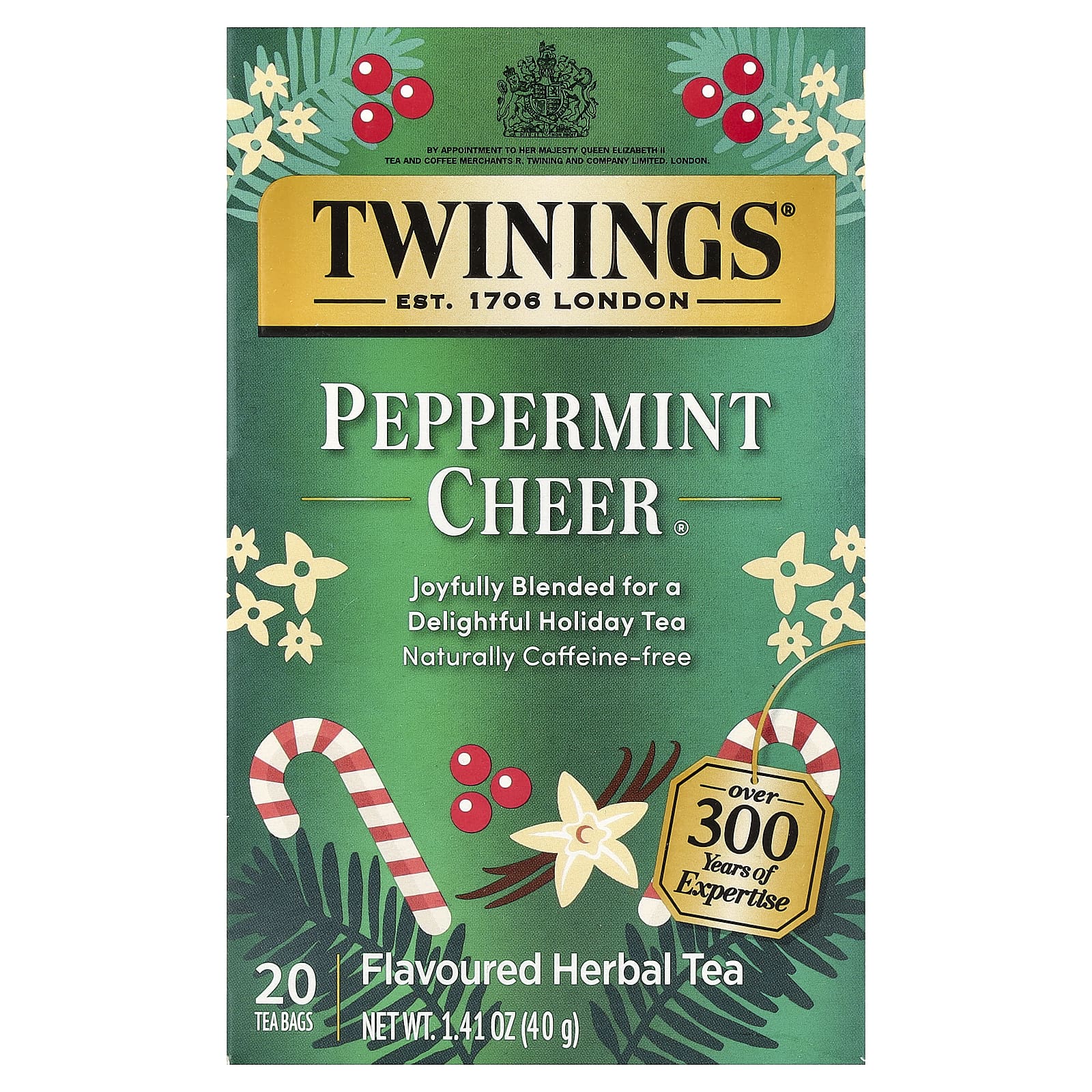 

Twinings, Flavored Herbal Tea, Peppermint Cheer, Caffeine Free, 20 Tea Bags, 40g (1.41oz)