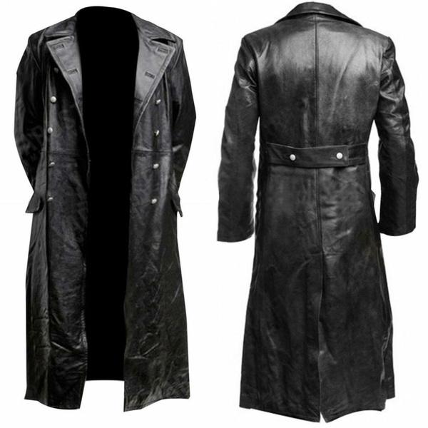 Gabardina clásica de cuero negro para oficial de uniforme masculino