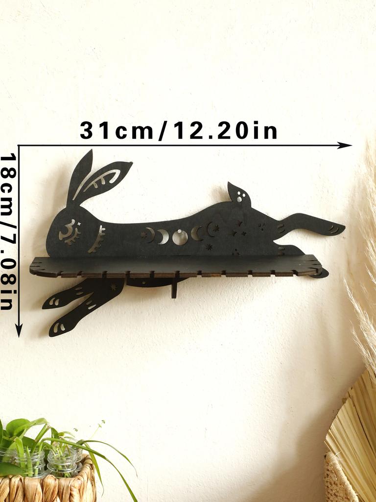 Gothic Black Running Rabbit Wall Shelf Wooden Floating Shelves Boho Home Deocr Moon Phase Crystal Shelf Ledge Bedroom Decoration