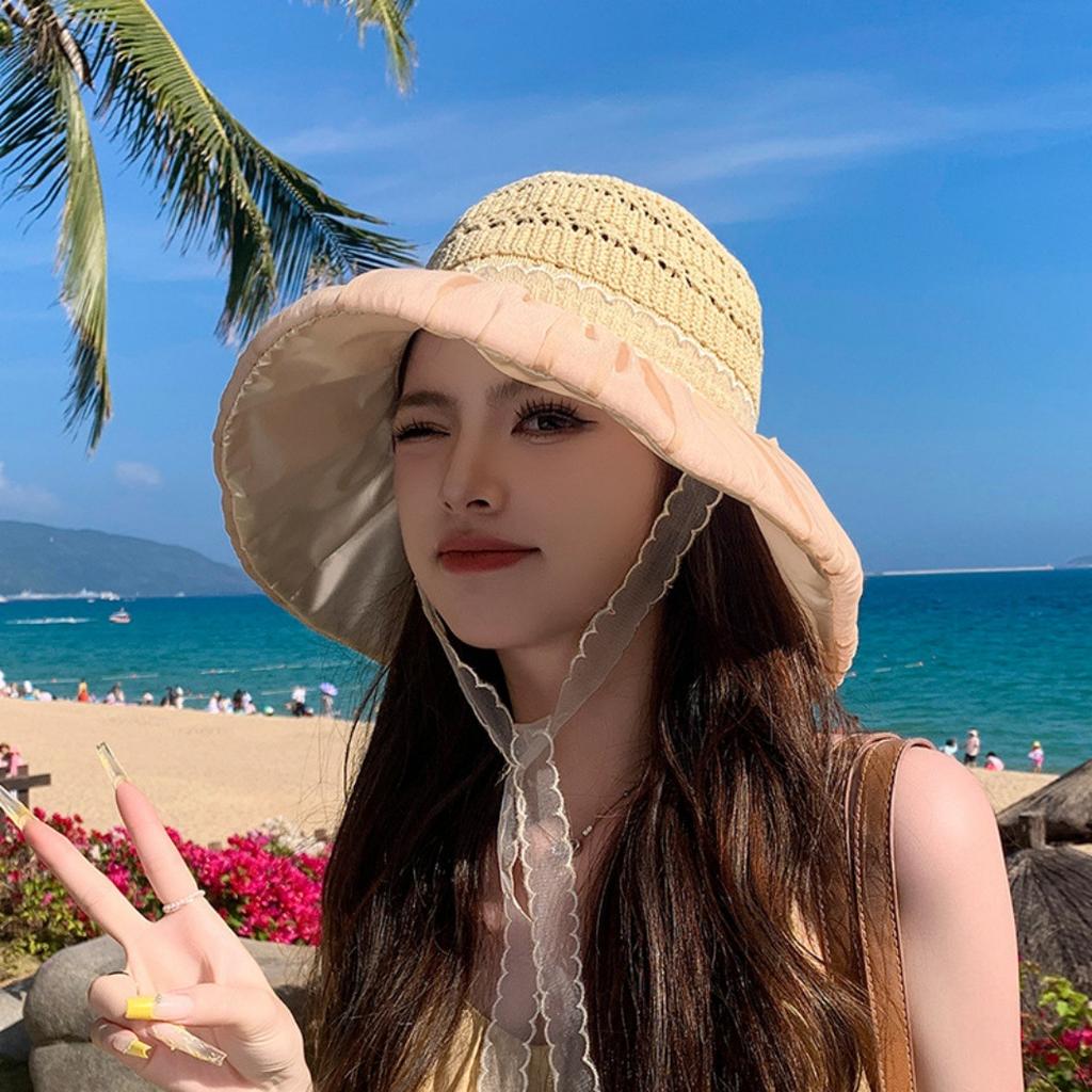 Lace Sun Hat Women's Summer UV Protection Fisherman Sunscreen Hollow Bow Ponytail Beach Eaves Breathable