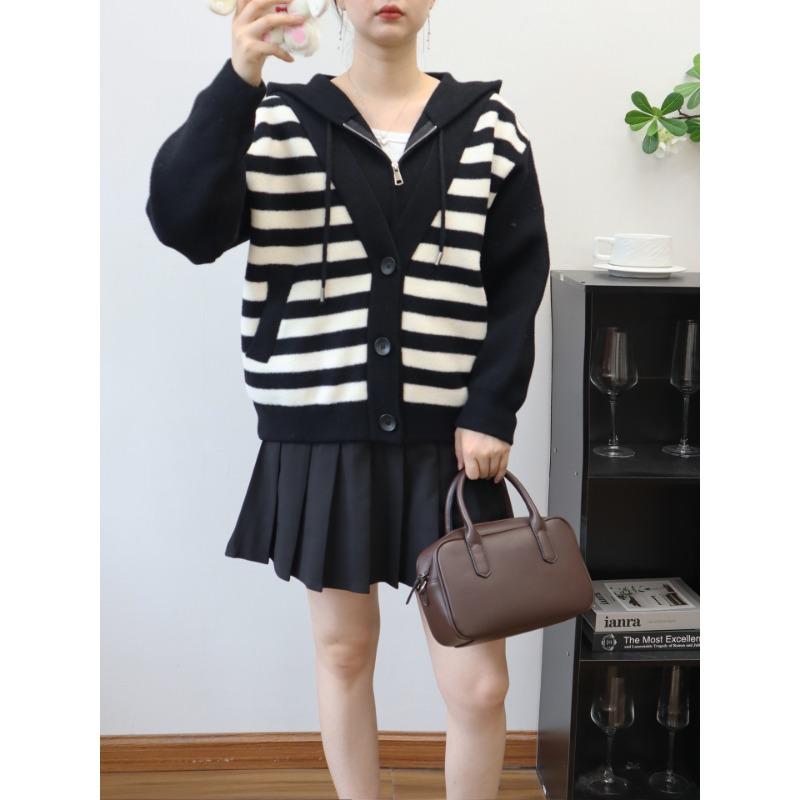 Fake Two-piece Hooded Striped Sweater Jacket Women's Autumn and Winter New Design Loose-knit Double-sided Woolen Cardigan