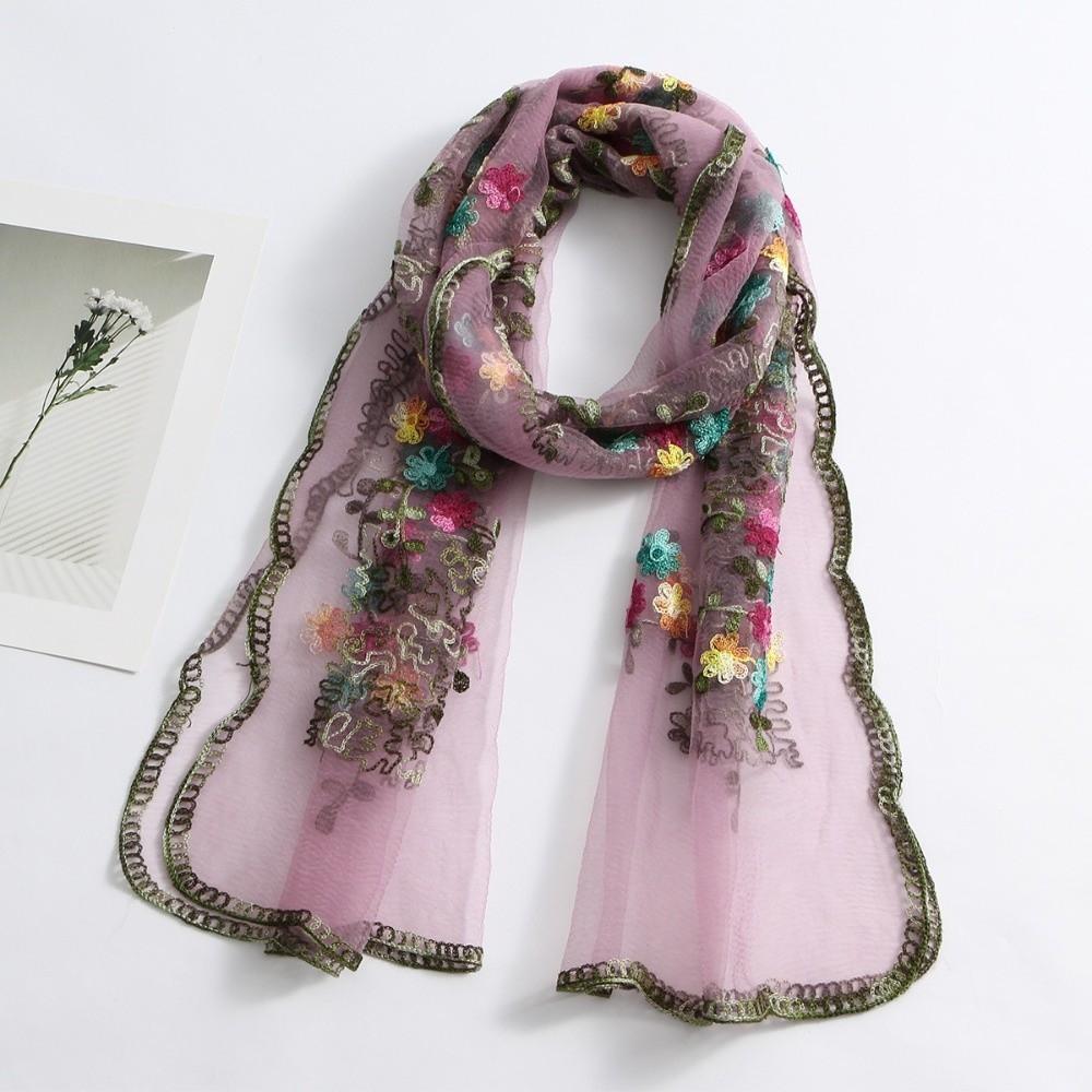 Embroidered Boho Floral Headwrap Lightweight Long Lace Scarf Ethnic Sheer Shawl Sun Protection темно-розовый