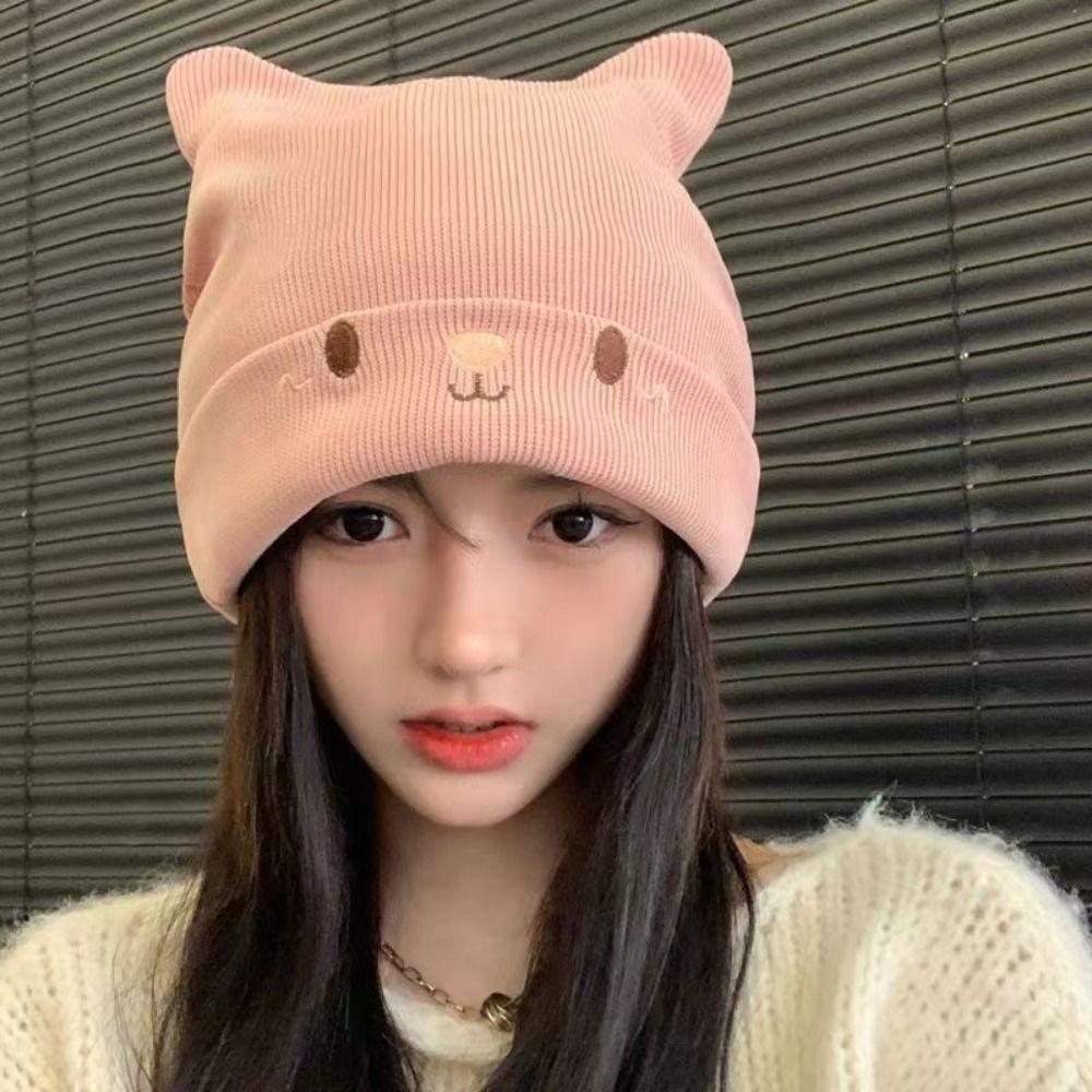 Solid Color Knitted Hats Cat Ear Pullover Beanie Caps Cute Skull Cap
