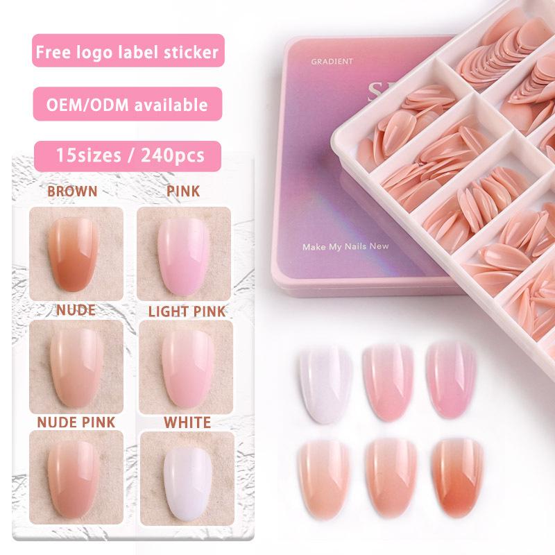 Gradient Almond Nail Extensions - 240 Pieces, High Transparency, Elasticity, Non-Yellowing, Durable False Nails