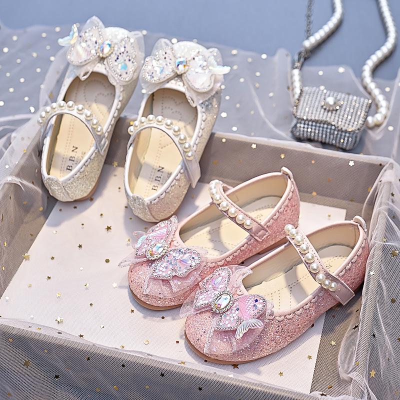 Girls' Fishtail Bow Leather Shoes - Autumn 2025 New Arrival Princess Style, Soft Sole with Pearl Detail