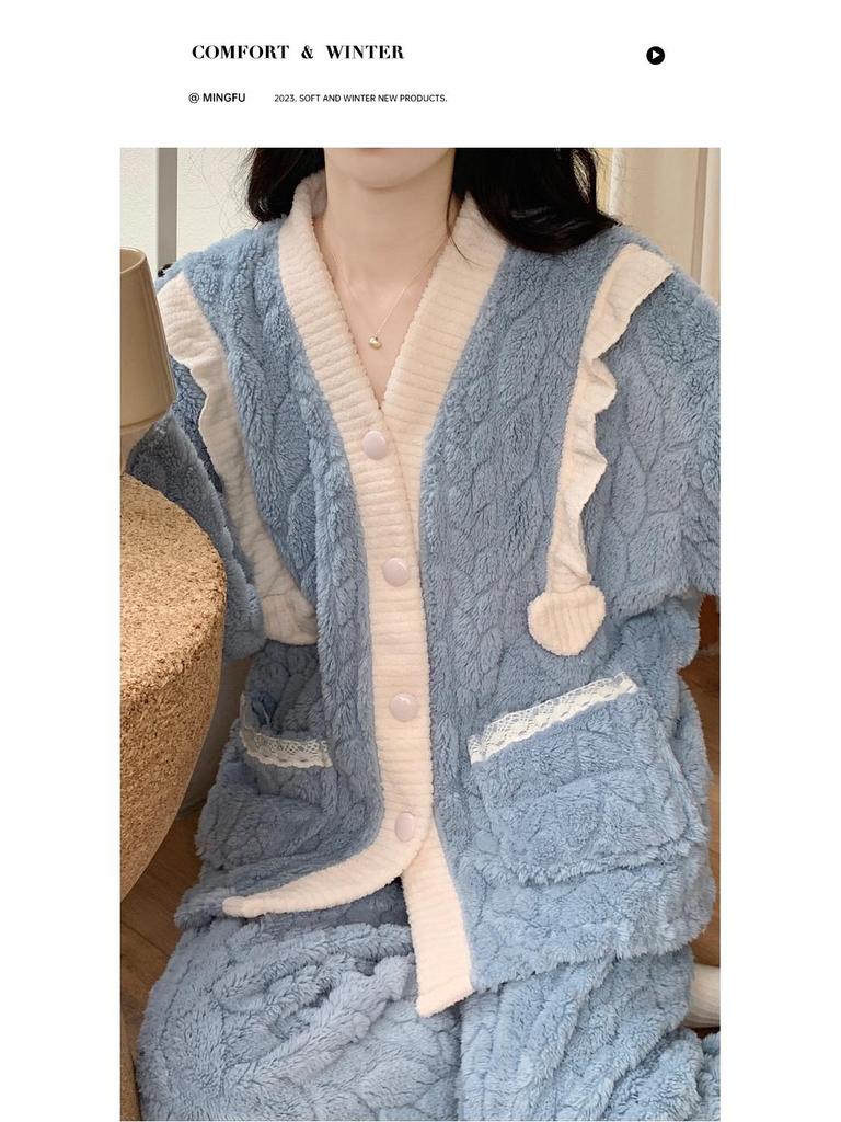 Winterpyjama aus Korallenfleece für Damen: Dickes, warmes Flanell-Loungewear-Set im süßen Stil