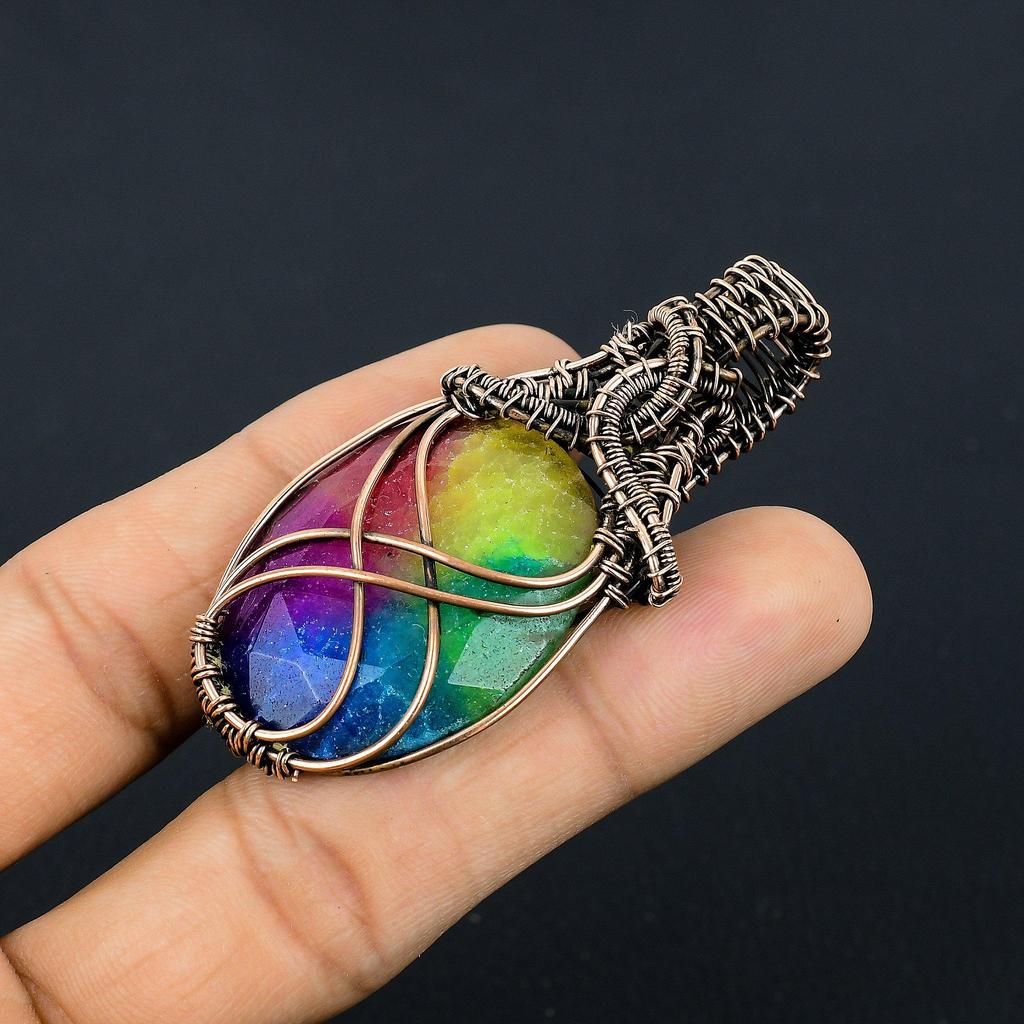 Rainbow Solar Quartz 999 Copper Wire Wrapped Pendant, Handmade Gemstone Pendant Jewelry, Gifts For Wife Brand New Pendant