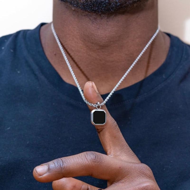 Vnox Geometric Square Necklaces for Men, Enamel Square Pendant with Rope Cuban Figaro Box Chain, Casual Vintage Cool Collar