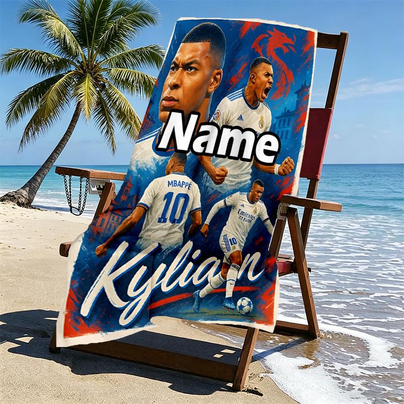 Personalisierbares Strandtuch mit Kylian Mbappe Aufdruck und individuellem Namen, für Reise Camping Strandparty Heimdekoration, Geburtstagsgeschenk für Familie & Freunde