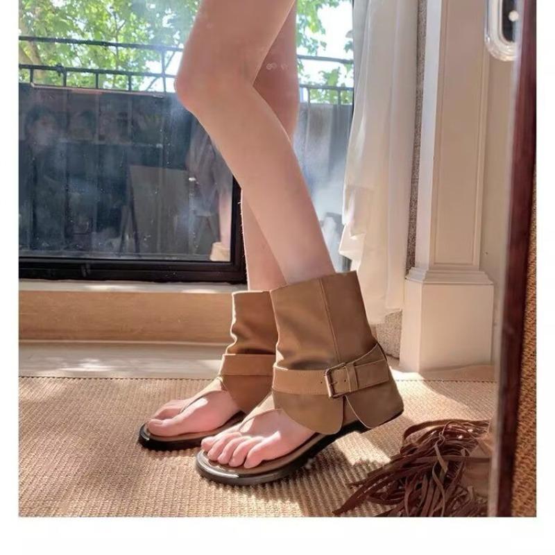 Fashion Toe Cool Boots Cover Boots Women's Summer New Leather Fashion Round Head Herringbone Locomotive Sandals