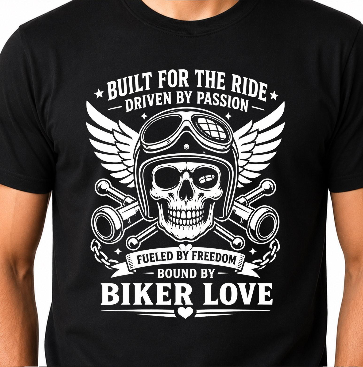 Skull Biker Love Graphic Motorcycle Helmet Wings Piston Built For The Ride Tee. M
