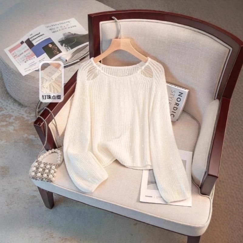 Large Size Crew Neck Knitted Sweater Thin Early Autumn New Women's Clothing Loose Sweet Hollow Top Long Sleeves