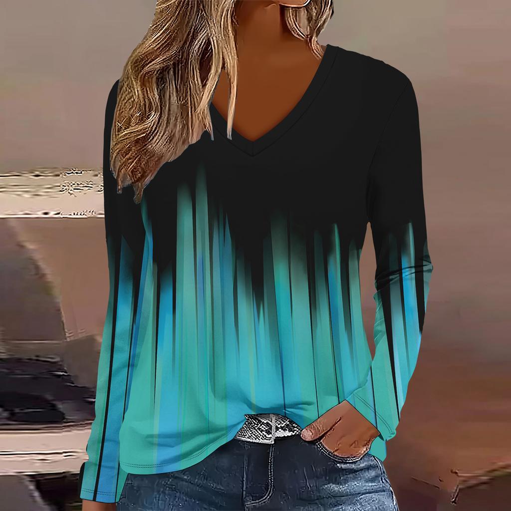 Übergröße Europäische und Amerikanische Mode 2025 Damen Elegantes V-Ausschnitt Langarm T-Shirt