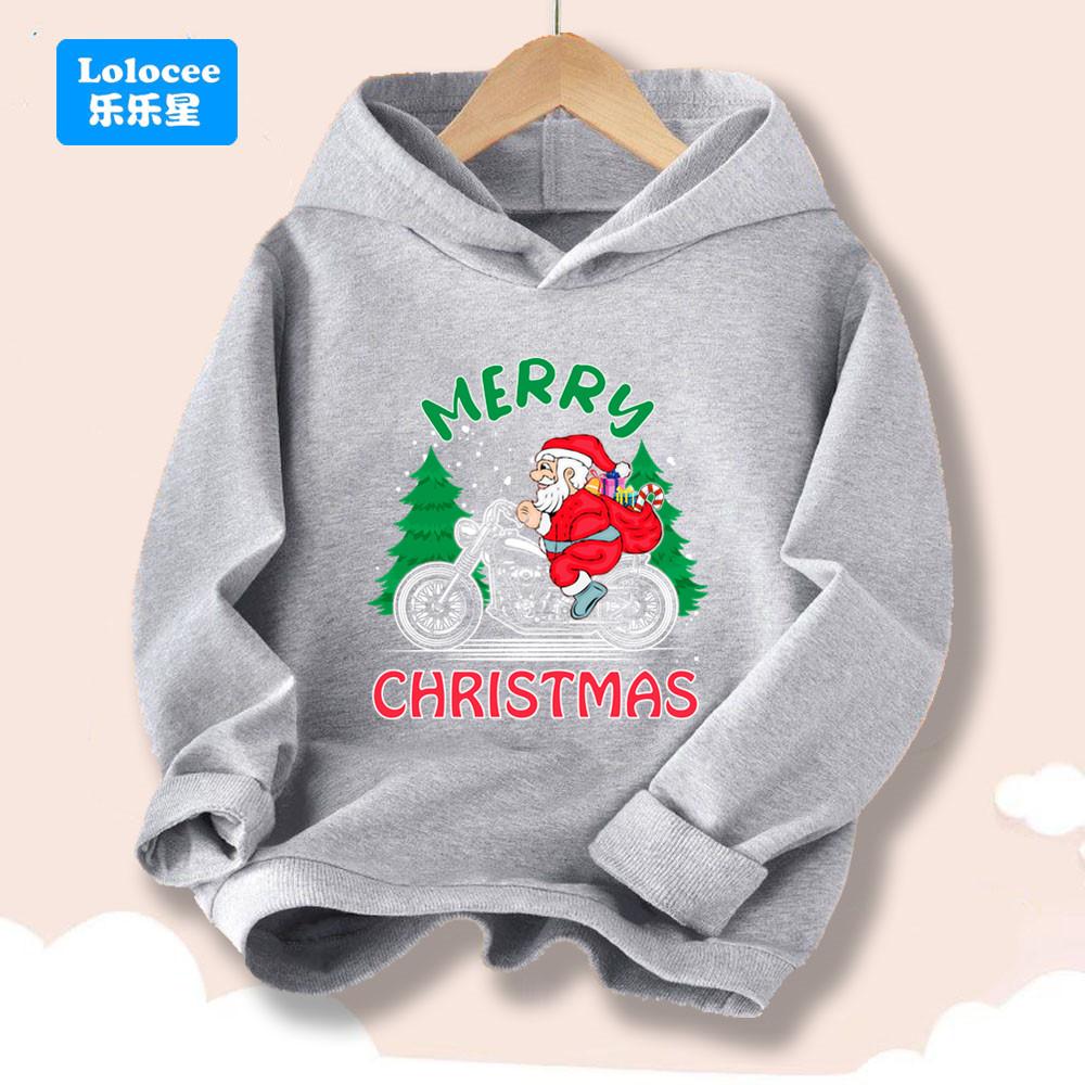 Festive kids hoodie with cool biker Santa and pine tree graphic, cozy breathable material, perfect for family gatherings and seasonal trips.