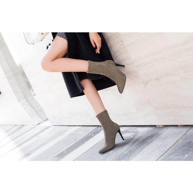 Back zipper pointed short boots for women, slim heels, suede, slim legs, high heels, elastic