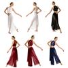 Women Lyrical Dancewear Rhinestone Sleeveless Tank Top Keyhole Back and Irregular Mesh Wide Leg Pants with Built-in Briefs