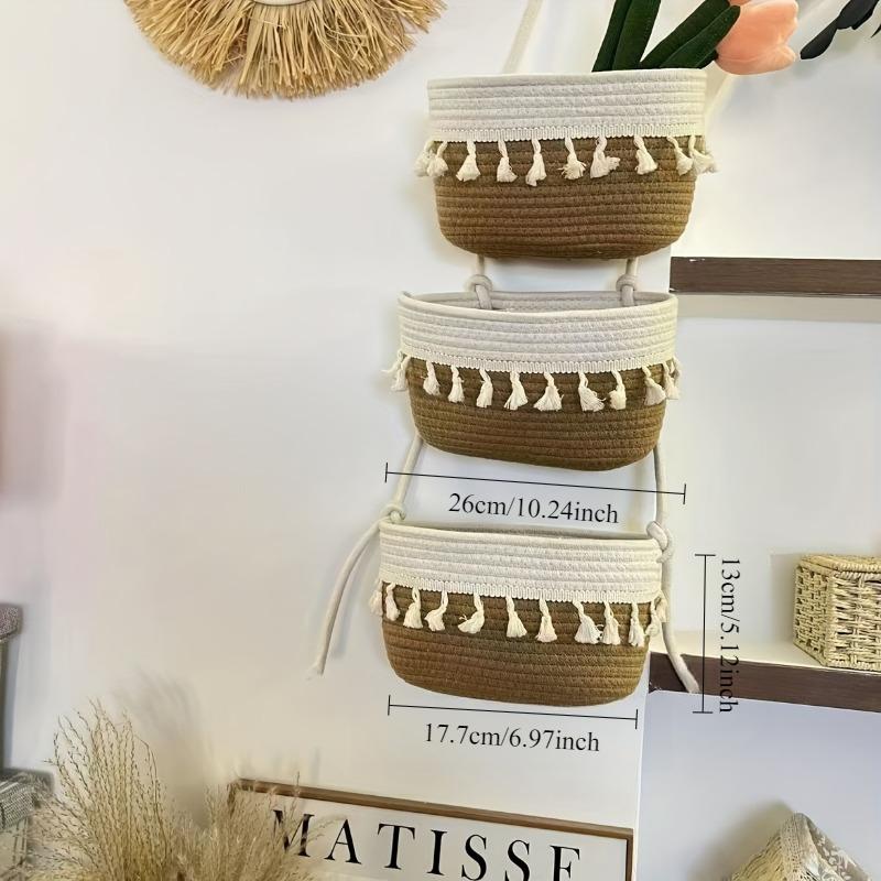 1pcs Handwoven 3-Tier Double Tassel Hanging Basket Wall-Mounted Storage Organizer Woven  Basket for Bathroom Kitchen Bedroom