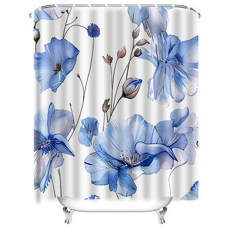 Blue Floral Shower Curtain for Bathroom - Waterproof and Durable Design Easy to Clean and Decorate Your Space Complimentary hook
