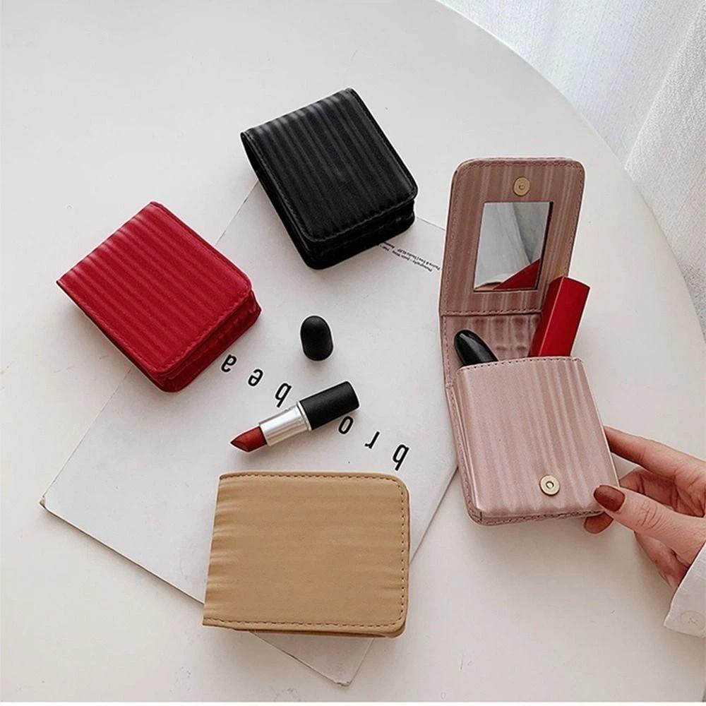 with Mirror Lipstick Bag Pu Leather Lipstick Storage Bag Portable Mini Cosmetic Bag  Travel