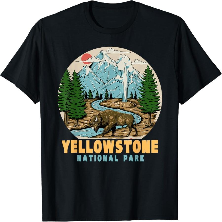 Yellowstone National Park Bison Retro Hiking Camping Outdoor T-Shirt XXXXXL чёрный