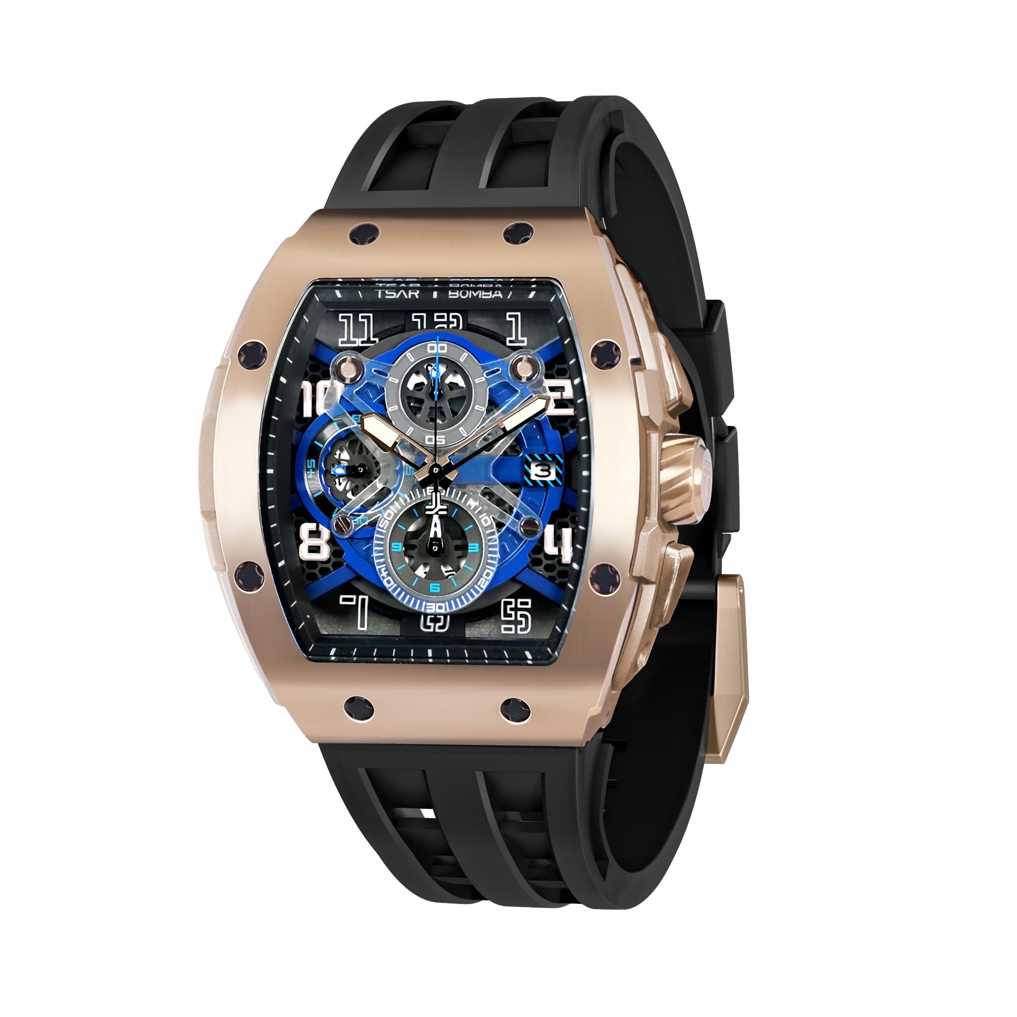 

TSAR BOMBA Men s Tonneau Watch Sapphire Crystal Silicone Strap 50M Water Resistant