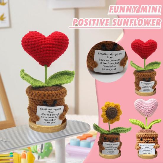 Crocheted Sunflower Doll Emotional Inspirational Support Potted Plant Doll Handmade Inspirational Doll with Positive Card for Cheer Up Gift Home Decor