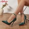 Aphixta Dunkelgrüne 12cm Stilettoabsätze Luxus Kristalle Gürtelschnalle Super High Party Pumps Damenschuhe Spitze Zehenpartie Große Größen 35-50
