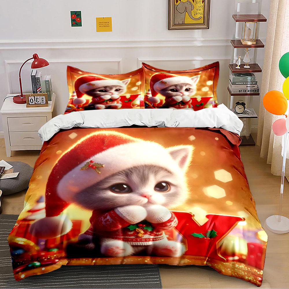 Cute Christmas Kitty Holiday Design Bedding Duvet Cover Set (1*Duvet Cover 2*Pillowcases, Without Duvet Insert)