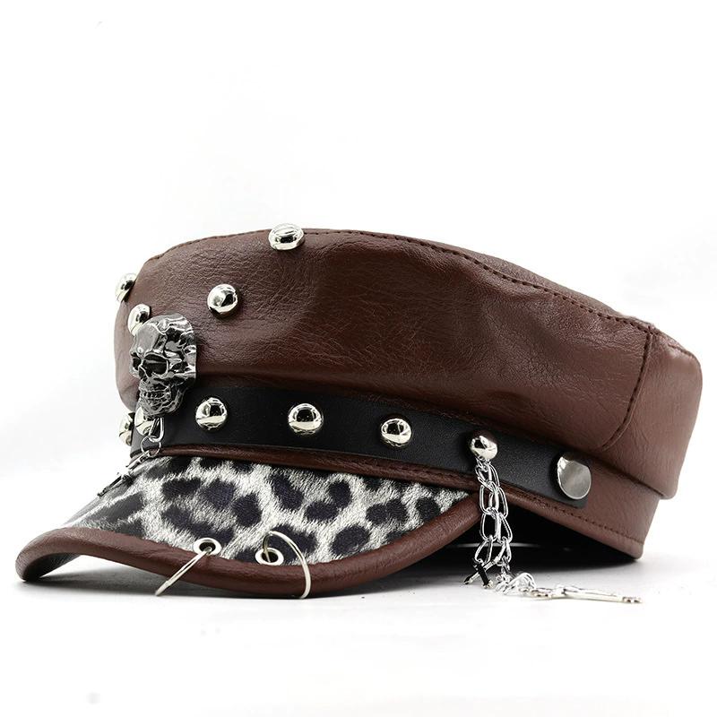 Women's Y2k Trendy Beret Fashion PU Leather Cool Punk Skull Spike Cap Flat Top Captain Military Caps Women's Accessories