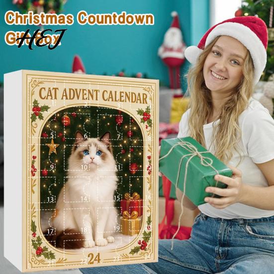 Holiday Countdown Gift Box 24 Day Cat Advent Calendar with Acrylic Christmas Ornaments, 2D Flat Animal Themed Ornaments Hanging Decorations, Xmas Tree