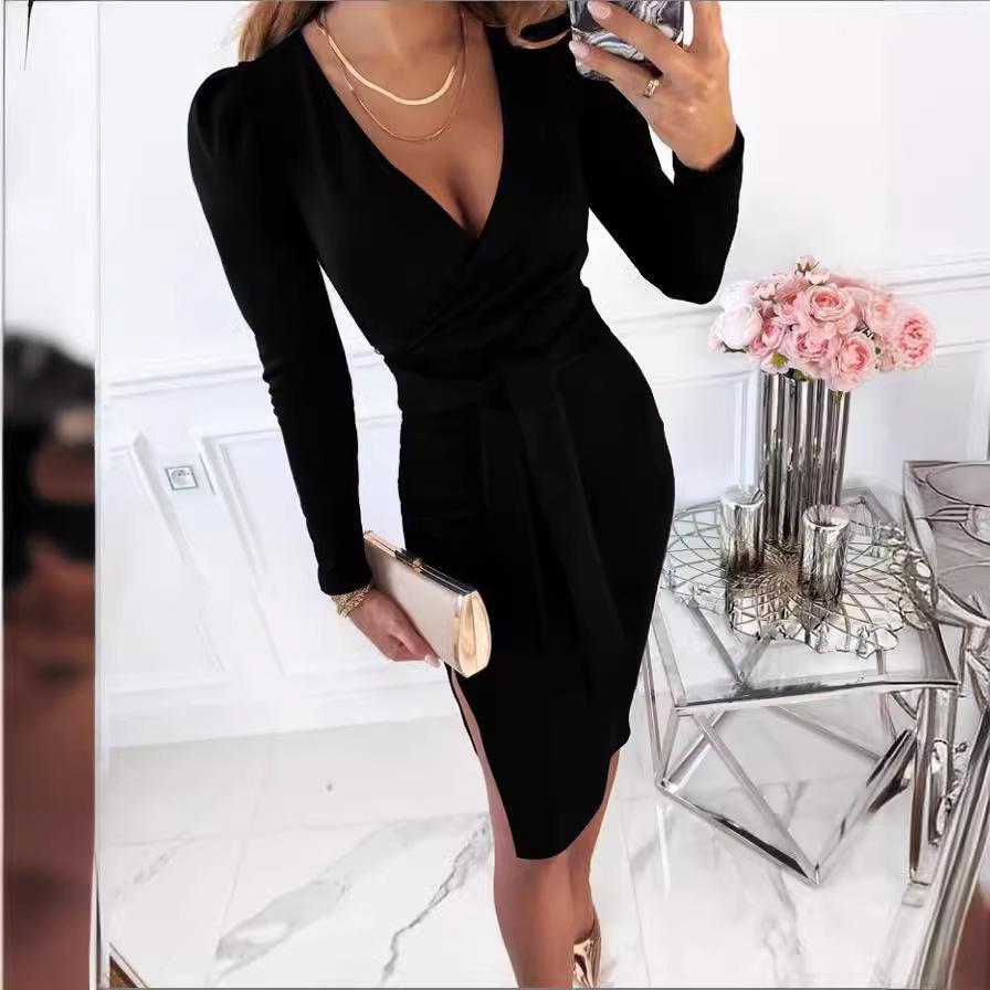 Autumn V-neck Tie-up Dress: Sexy, Elegant, Solid Color for Women