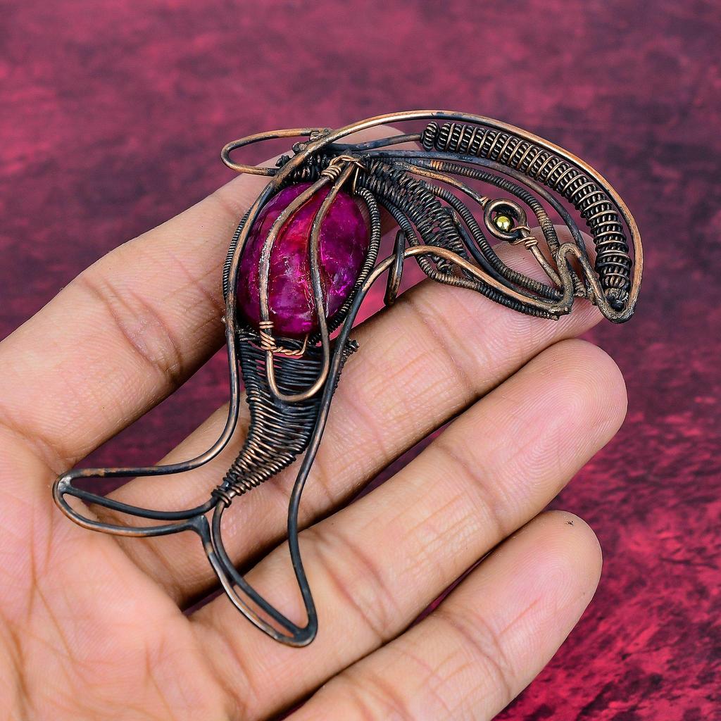 Faceted Kashmir Ruby Pendant Fish Pendant Copper Wire Wrapped Gemstone Jewelry