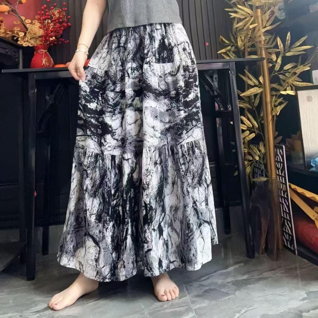 Women's Floral Print Cotton-Silk Elastic Waist Skirt - Southeast Asian Style for Spring and Summer