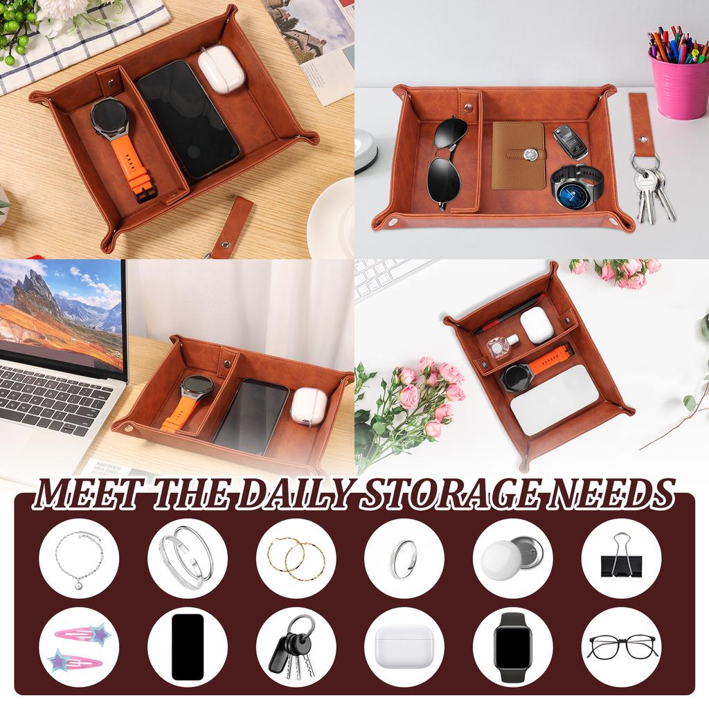 PU Leather Storage Tray with 2 Compartment and Keychain Desktop Organizer Trays For Key Wallet Watches and Jewelry Storage