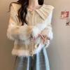 2024 Autumn/Winter Age-Defying Doll Collar Patchwork Stripe Plush Knit Sweater in Lazy Style