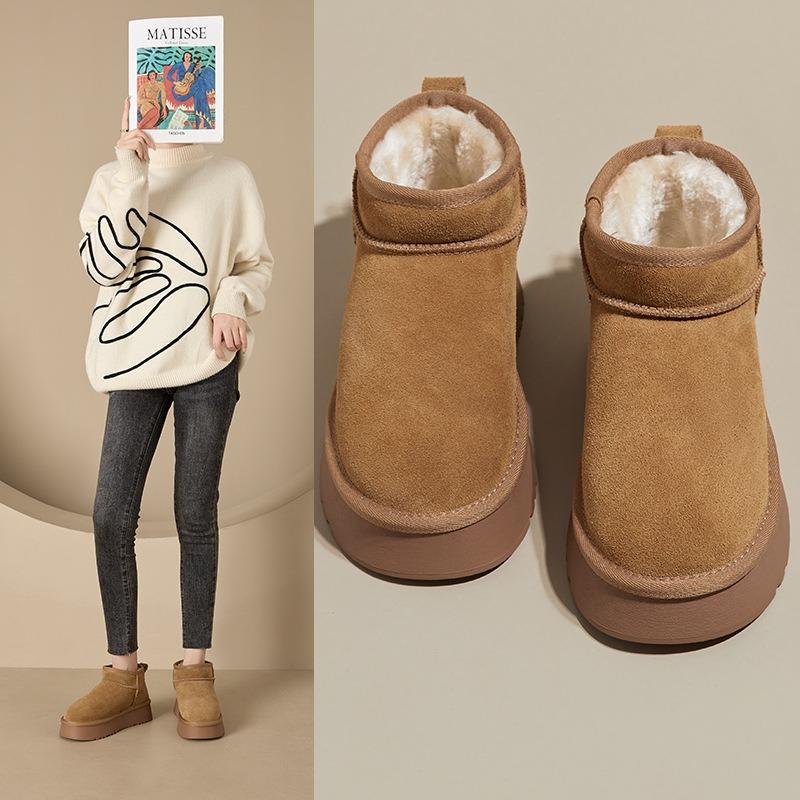 Autumn and winter leather snow boots women's thick-soled piled thickened cotton shoes women's one-pedal casual cotton snow boots